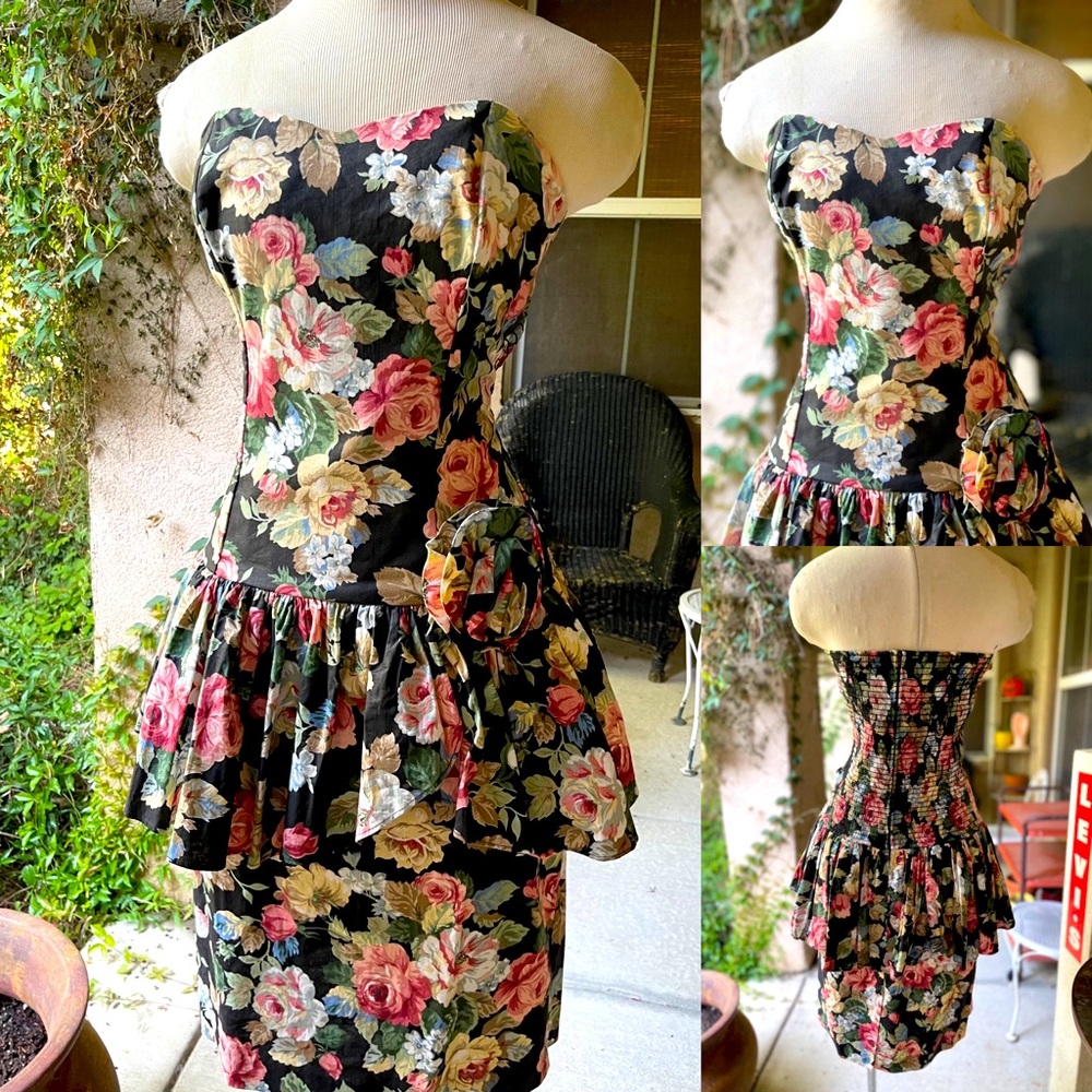 Vintage 1980’s Strapless Floral Dress with Peplum
